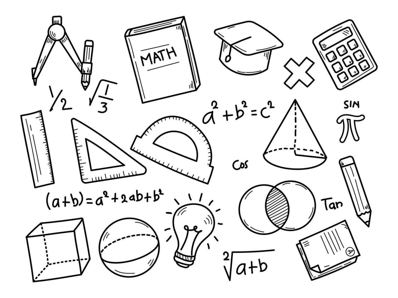 conjunto de matemáticas garabatear ilustraciones con negro y blanco diseño en aislado antecedentes vector