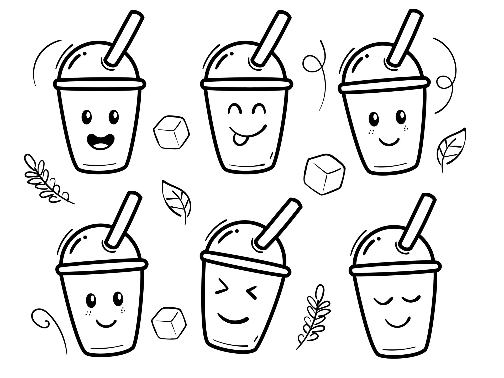 Set Of Milk Tea Doodles With Facial Expressions Disposable Drink Cup set-of-milk-tea-doodles-with-facial-expressions-disposable-drink-cup