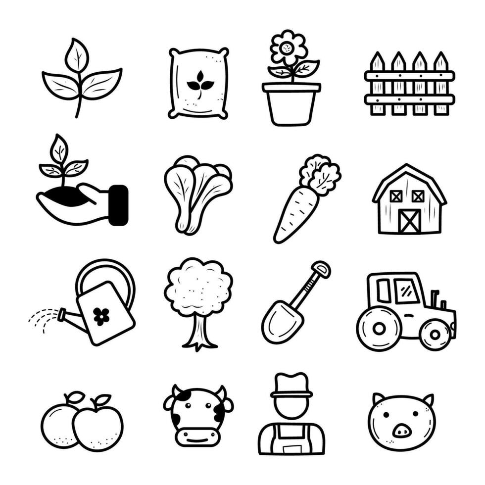 Set of agriculture vector elements with doodle drawing style isolated on white background