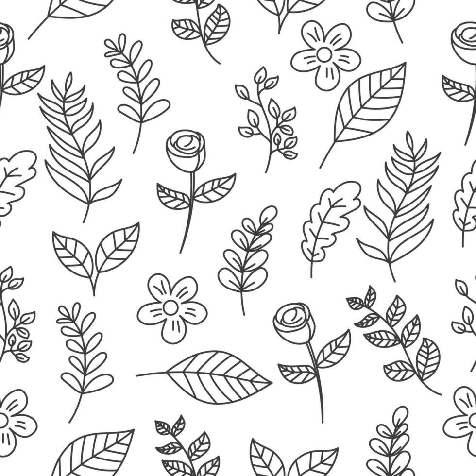 Seamless leaves doodle pattern with a black and white design suitable for background or wallpaper vector