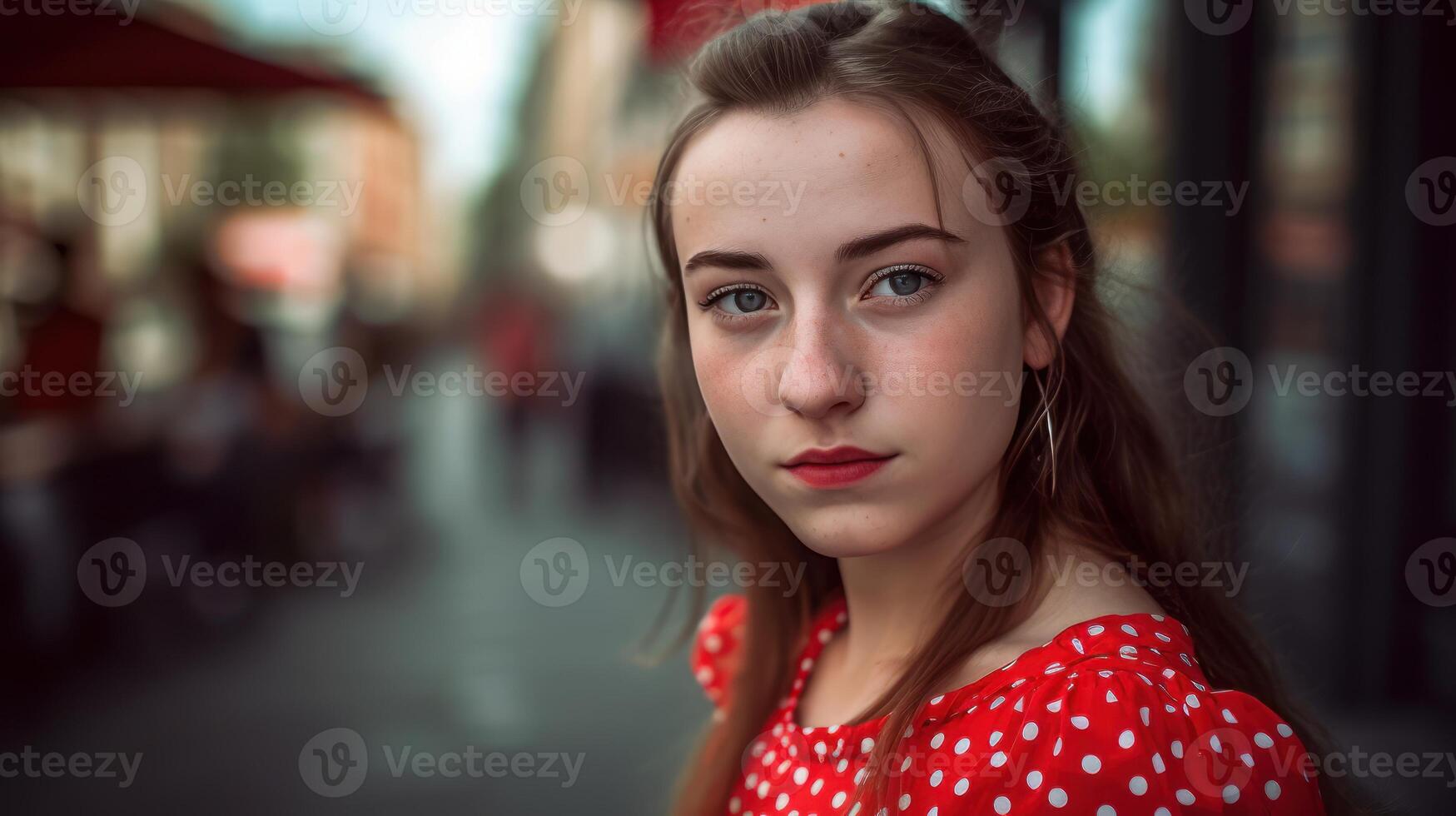 Girl Student models in Red Polka Dot Dress close up photo