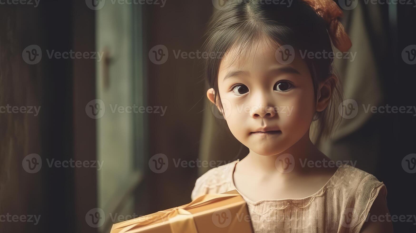 little girl holding a gift box generative AI photo
