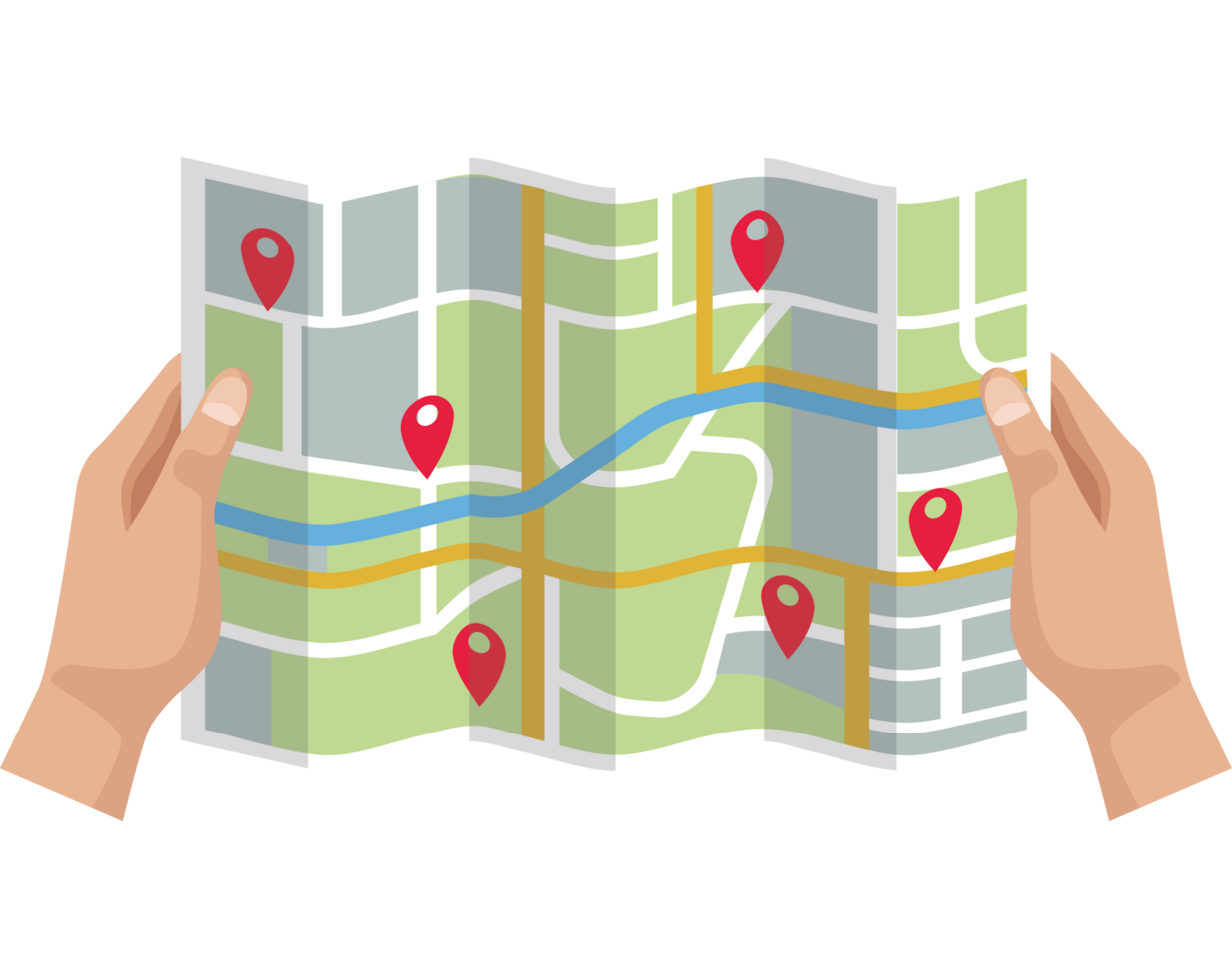 hands with paper map and pins png