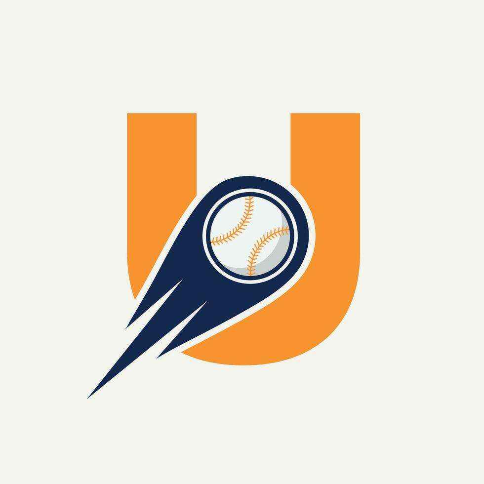 letra u concepto de logotipo de béisbol con plantilla de vector de icono de béisbol en movimiento