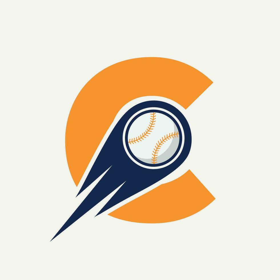 letra c concepto de logotipo de béisbol con plantilla de vector de icono de béisbol en movimiento