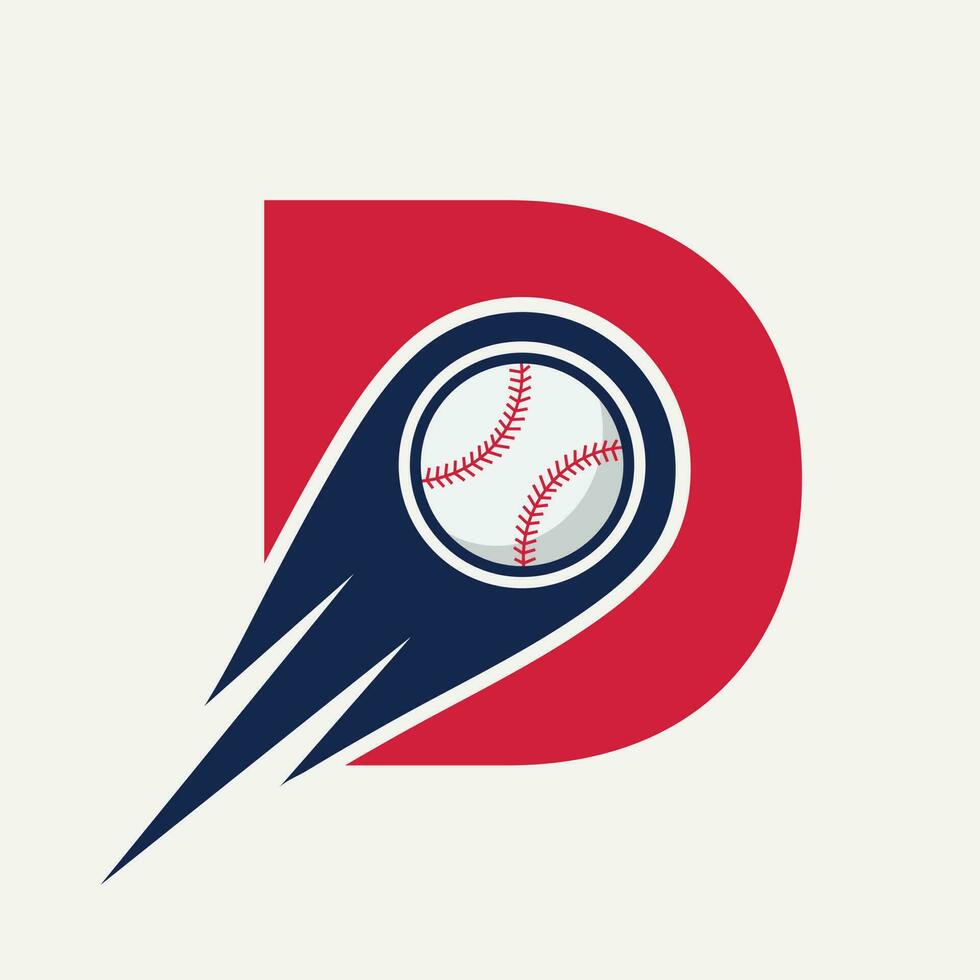 concepto de logotipo de béisbol letra d con plantilla de vector de icono de béisbol en movimiento