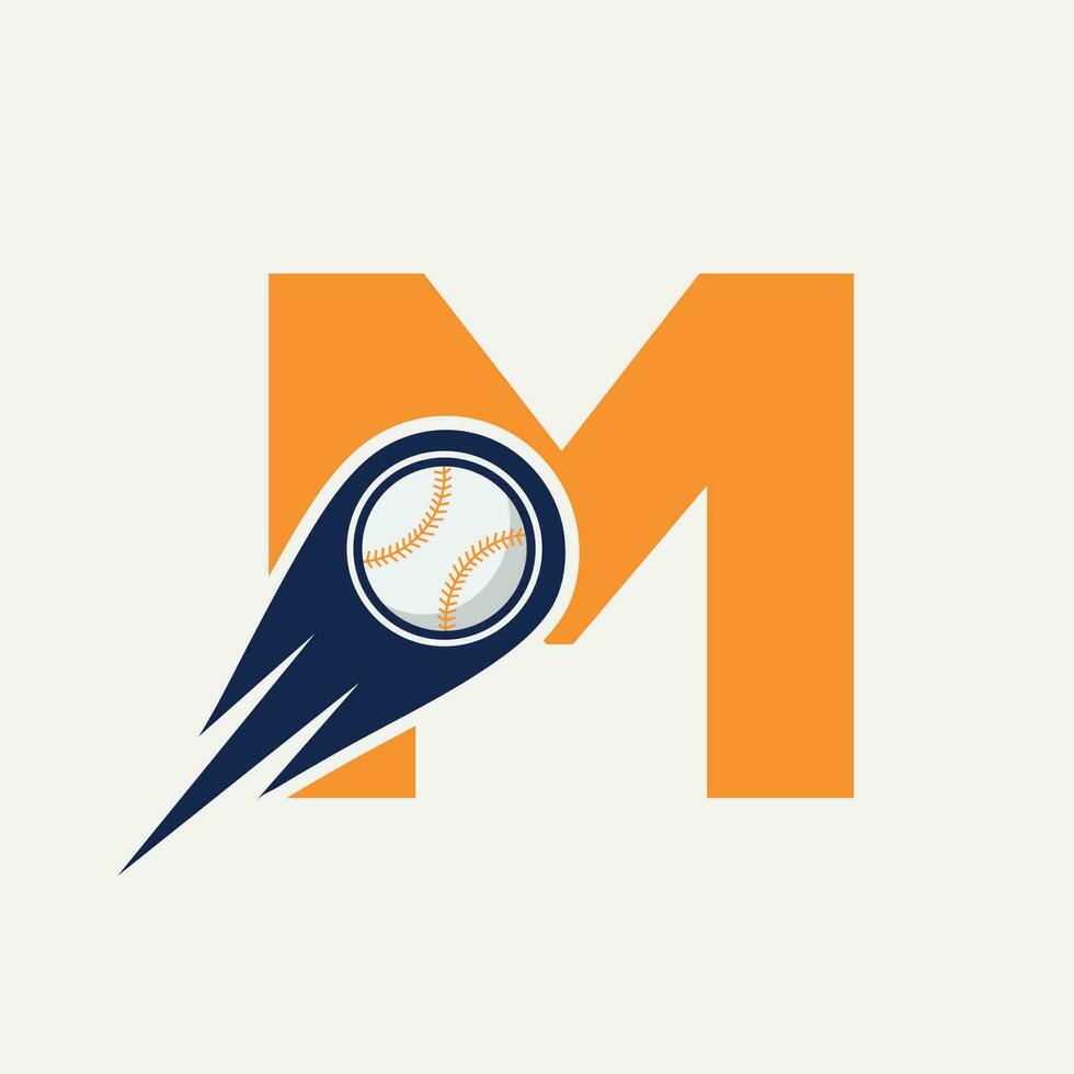 Letter M Baseball Logo Concept With Moving Baseball Icon Vector Template