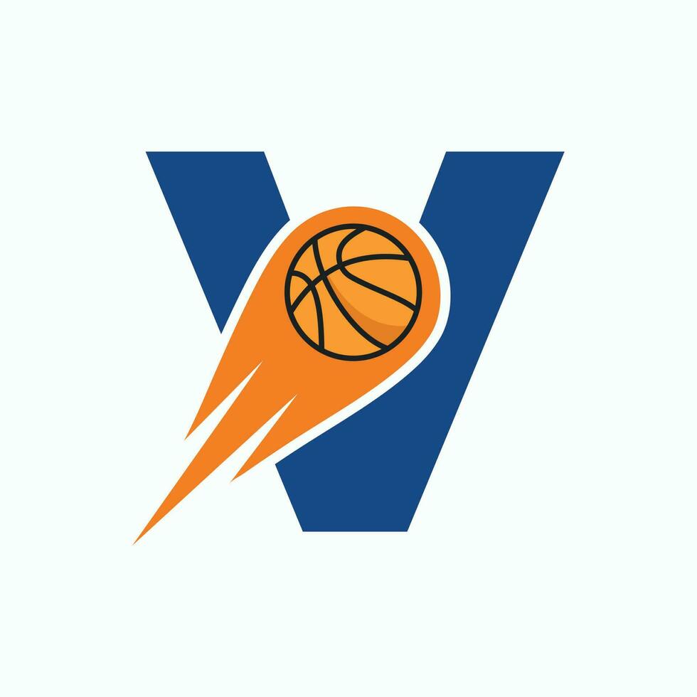 letra v baloncesto logo concepto con Moviente baloncesto icono. cesta pelota logotipo símbolo vector