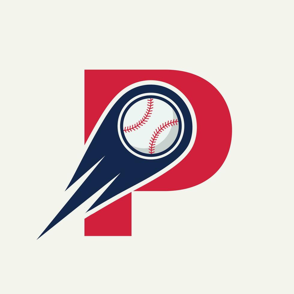 Letter P Baseball Logo Concept With Moving Baseball Icon Vector Template