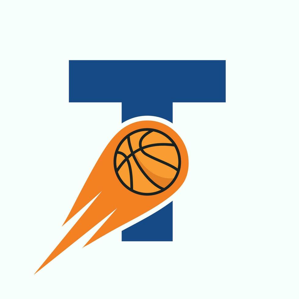 Letter T Basketball Logo Concept With Moving Basketball Icon. Basket Ball Logotype Symbol vector
