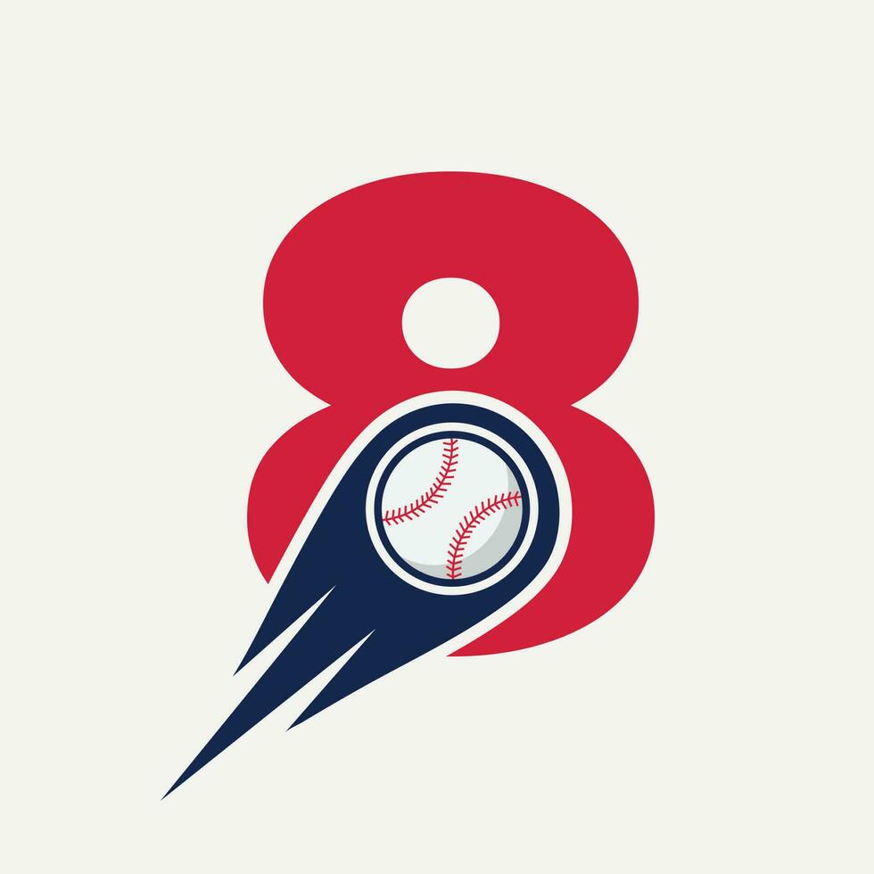 concepto de logotipo de béisbol de letra 8 con plantilla de vector de icono de béisbol en movimiento