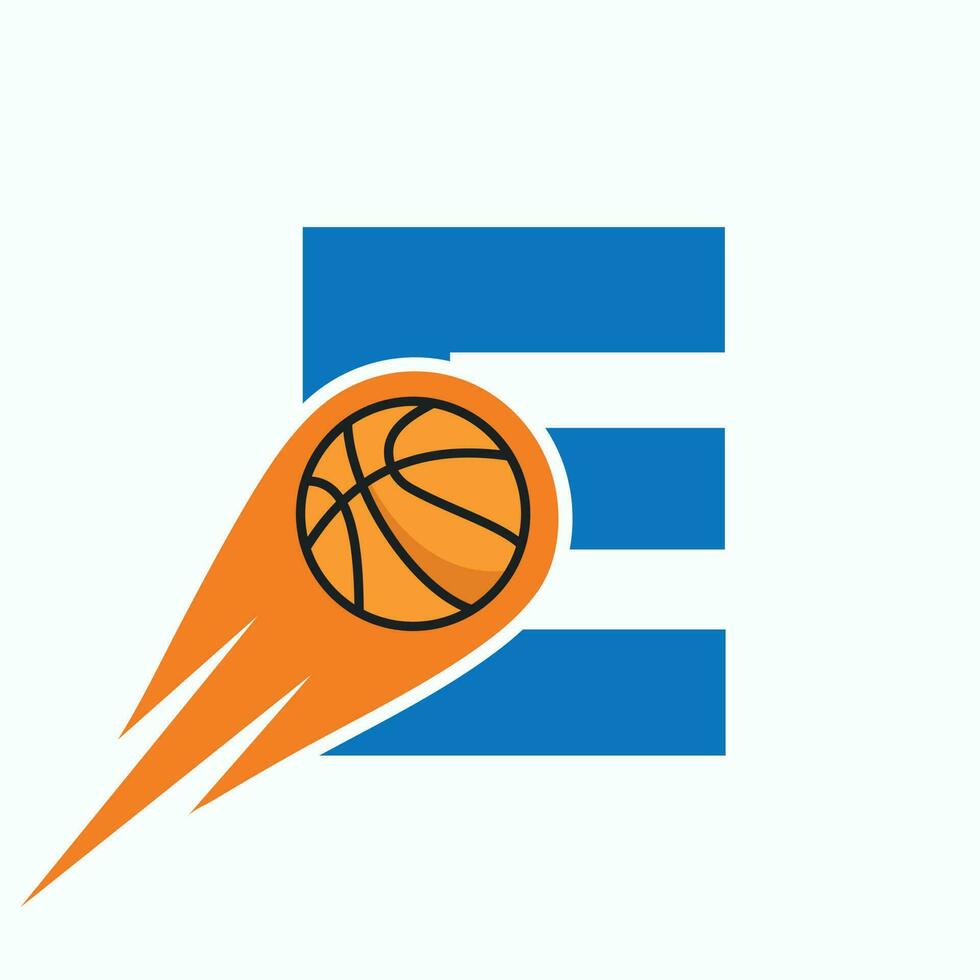 Letter E Basketball Logo Concept With Moving Basketball Icon. Basket Ball Logotype Symbol vector