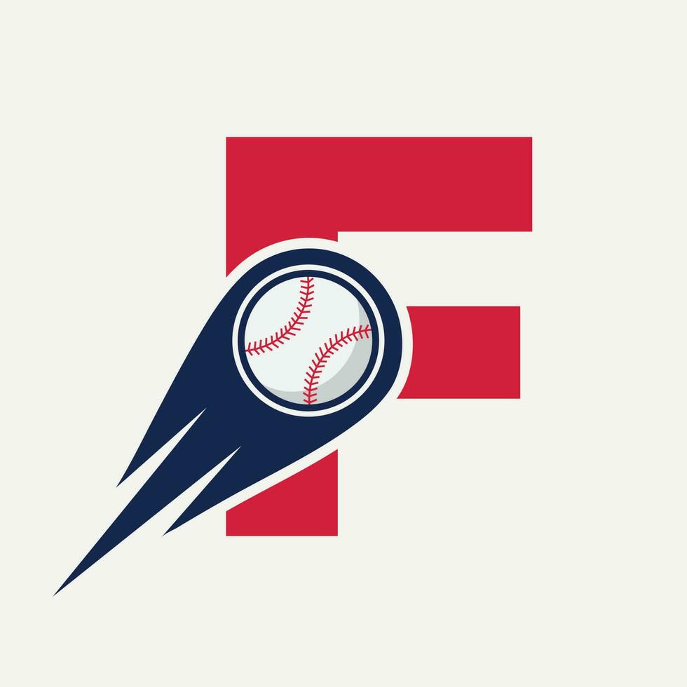 concepto de logotipo de béisbol letra f con plantilla de vector de icono de béisbol en movimiento