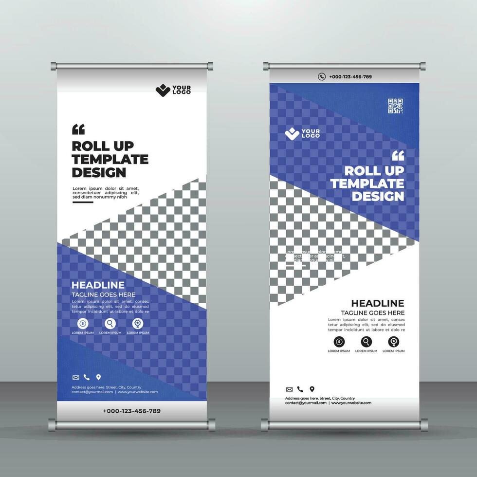 Blue Abstract Shapes Roll-Up Banner Design Vertical Template. vector, abstract geometric background, modern x-banner and flag-banner, rectangle size. vector