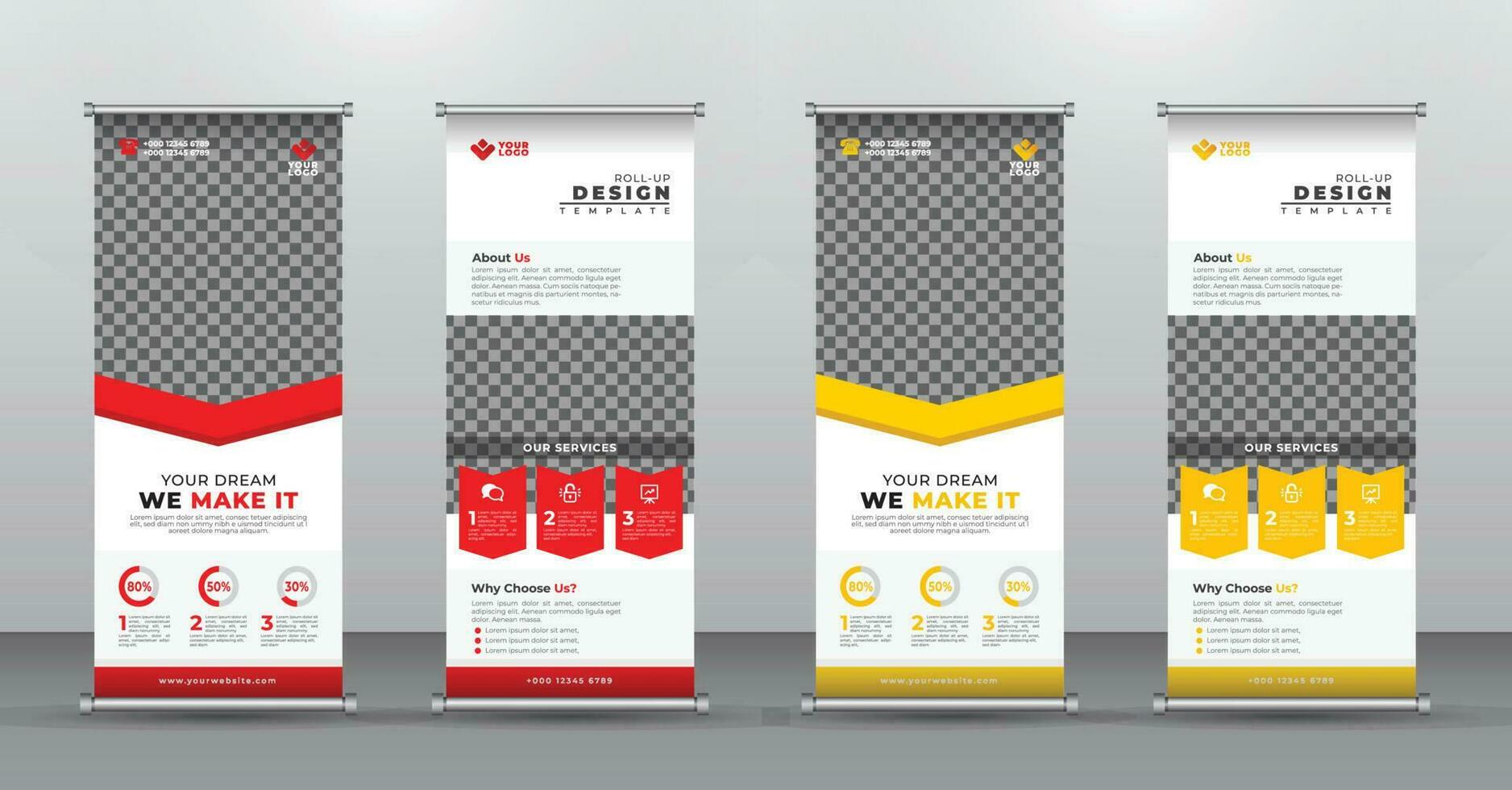 rojo y amarillo publicidad enrollar bandera diseño vertical modelo. vector, resumen geométrico fondo, moderno x-banner y estandarte de la bandera, rectángulo tamaño. vector