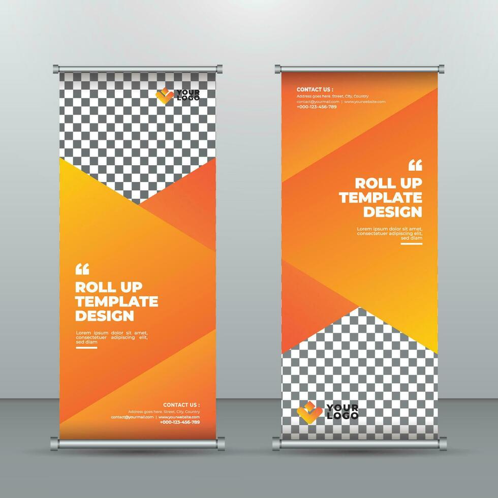Orange Abstract Shapes Roll-Up Banner Design Vertical Template. vector, abstract geometric background, modern x-banner and flag-banner, rectangle size. vector