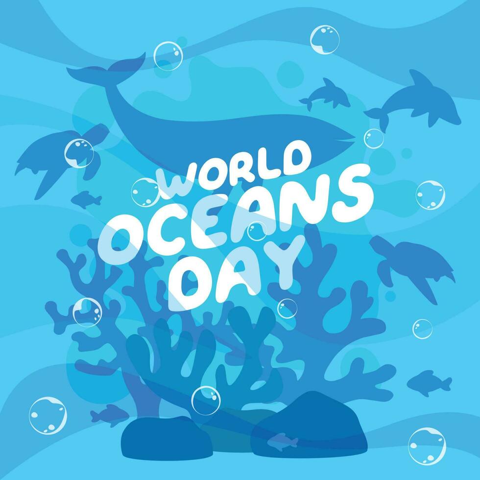 world oceans day design template for celebration. ocean day vector design. ocean illustration with fish turtle whale and dolphin.