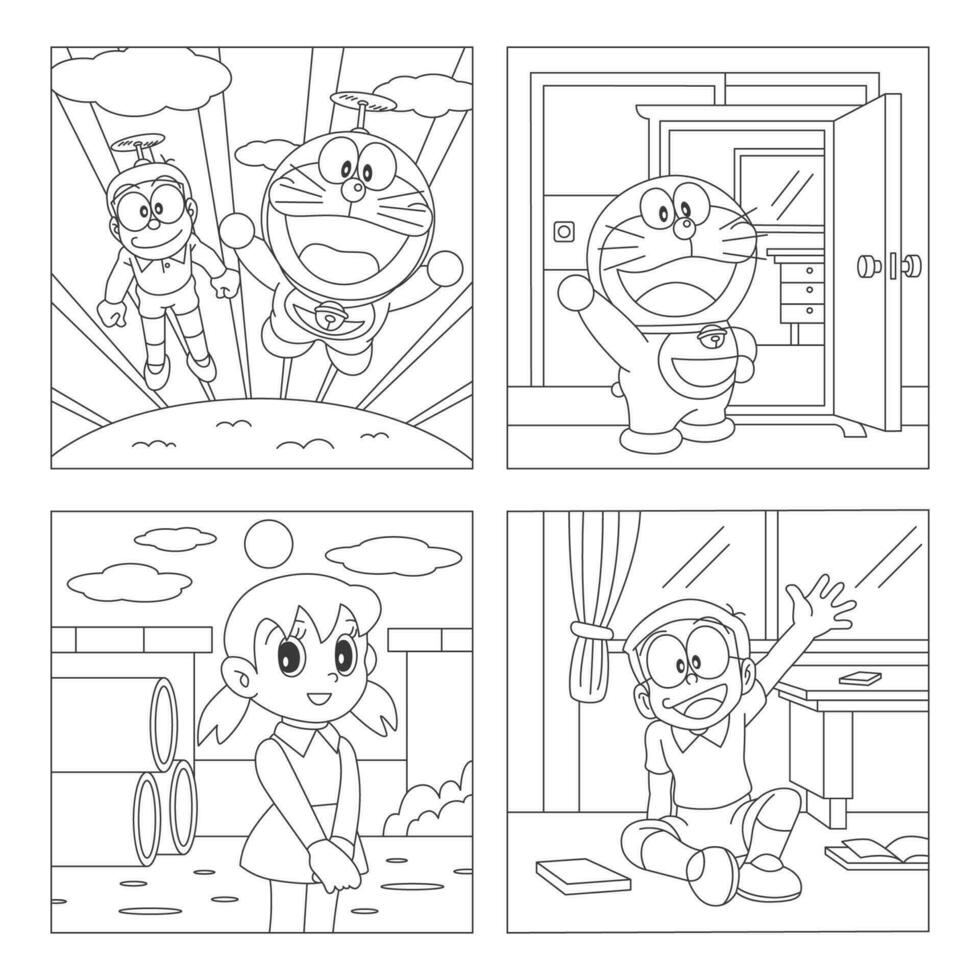 Cat And Boy Cartoon Coloring Book Pages vector