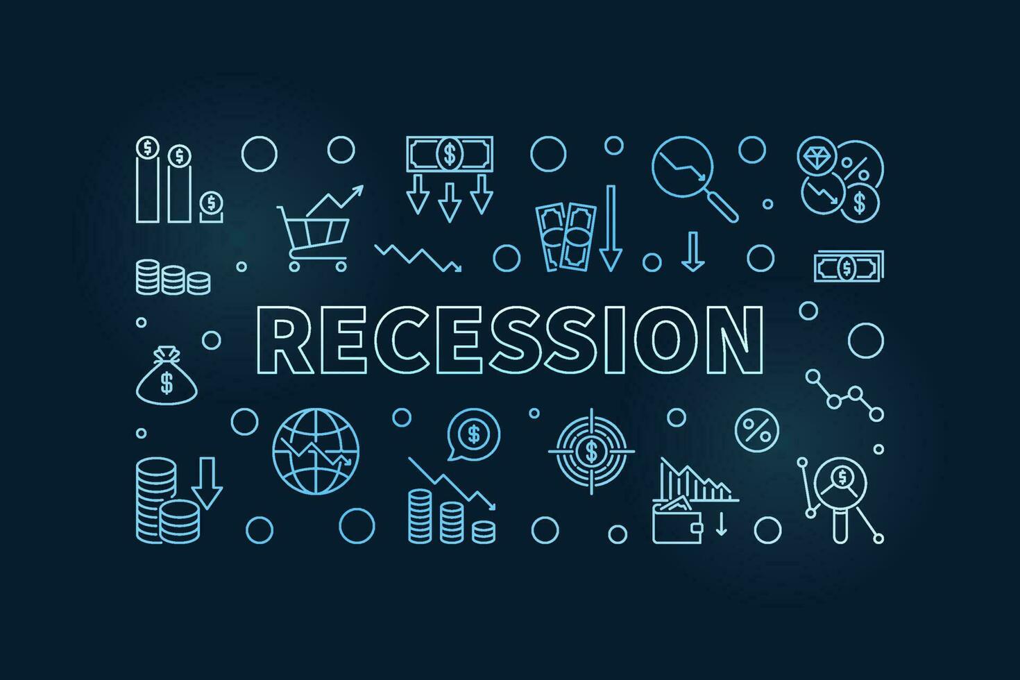 Recession vector horizontal blue banner. Financial Crisis concept illustration