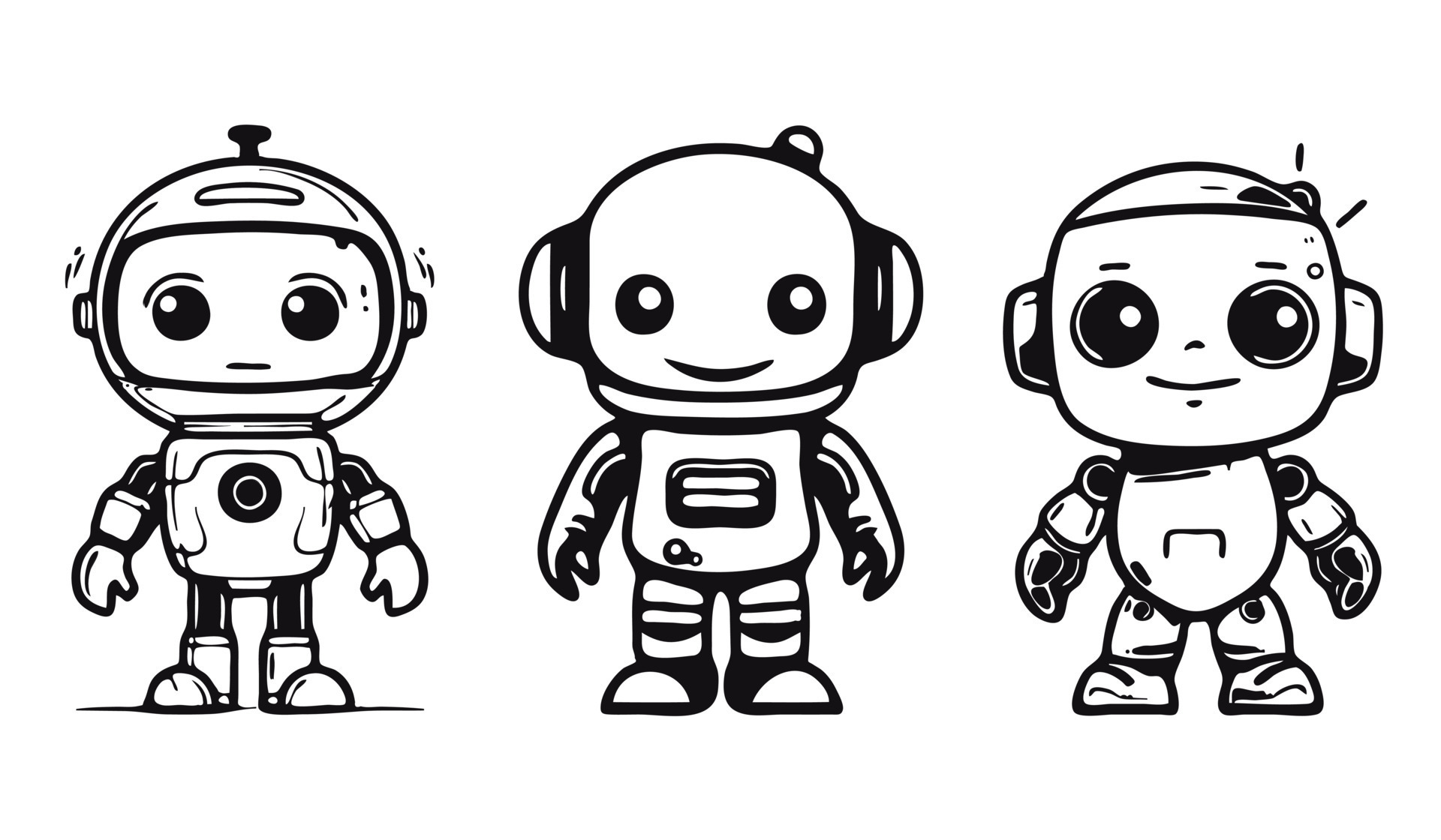 Set of black and white cartoon cute robots for coloring book 24093801 ...