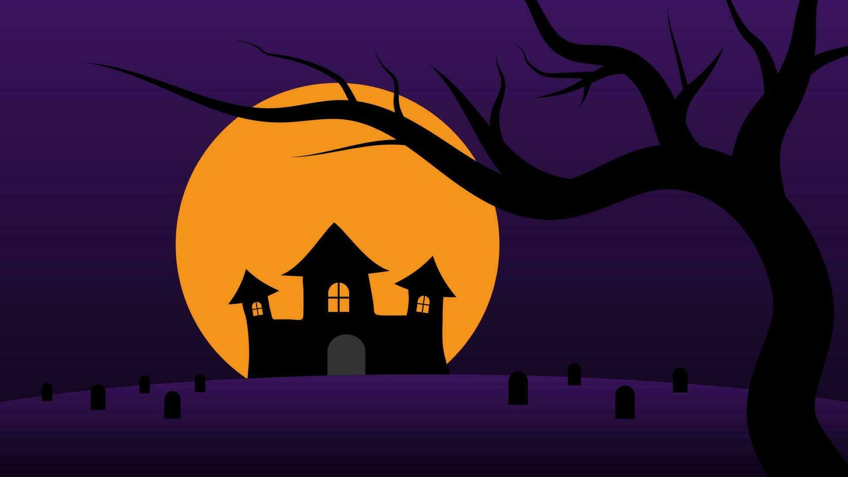 happy Halloween holiday party background. haunted castle cartoon on hills with full moon in night sky vector