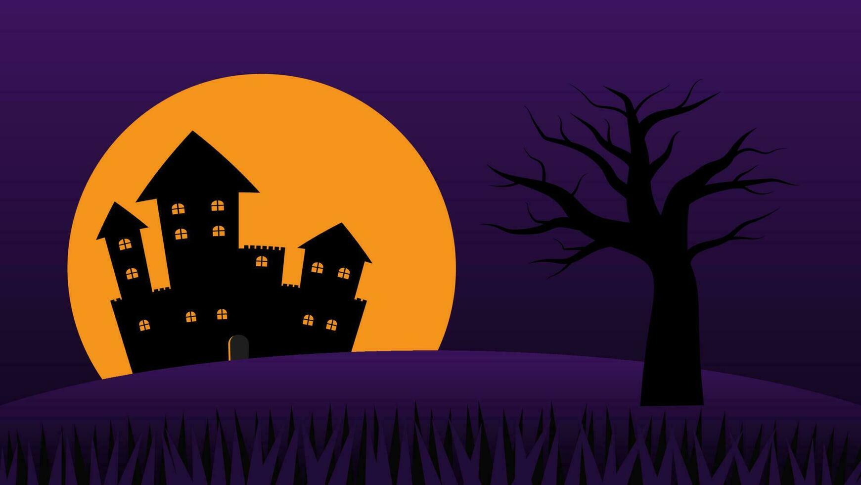 happy Halloween holiday party background. haunted castle cartoon on hills with full moon in night sky vector