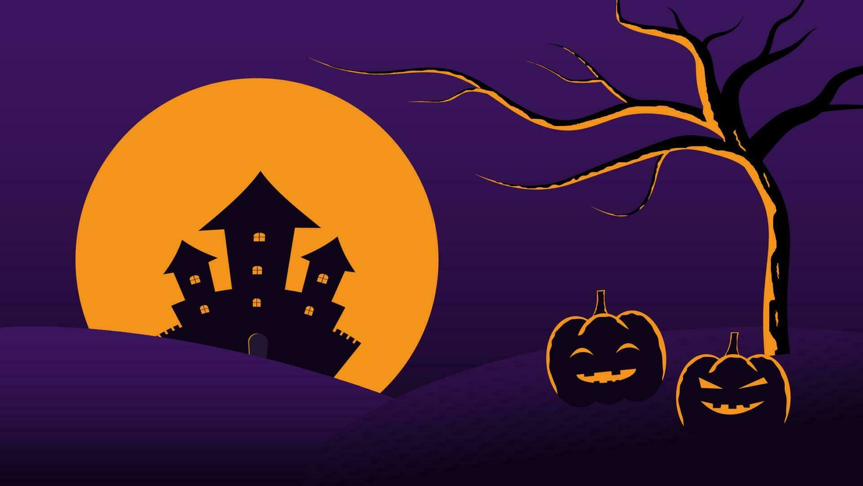 happy Halloween holiday party background. haunted castle cartoon on hills with full moon in night sky vector