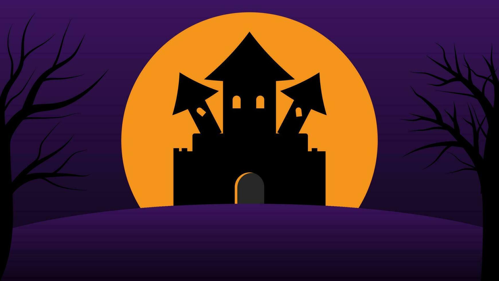 happy Halloween holiday party background. haunted house cartoon on hills with full moon in night sky vector