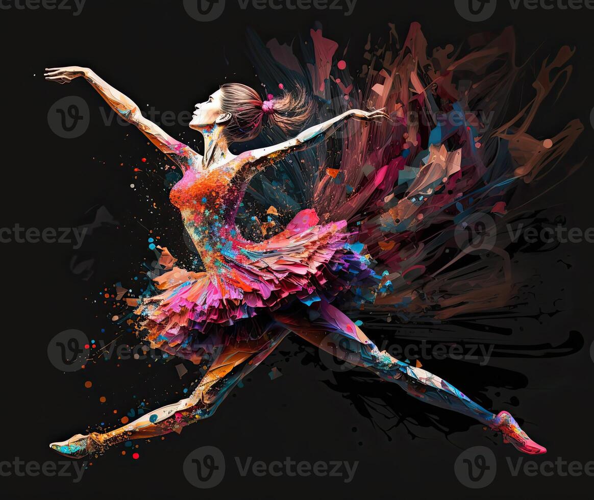 Ballet dancer splash colorful illustration, black background with copy space. photo