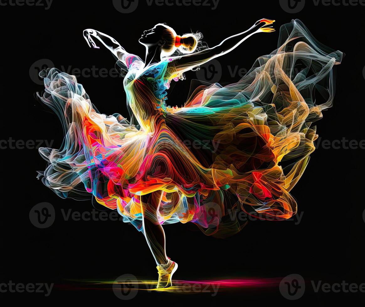 Ballet dancer splash colorful illustration, black background with copy space. photo