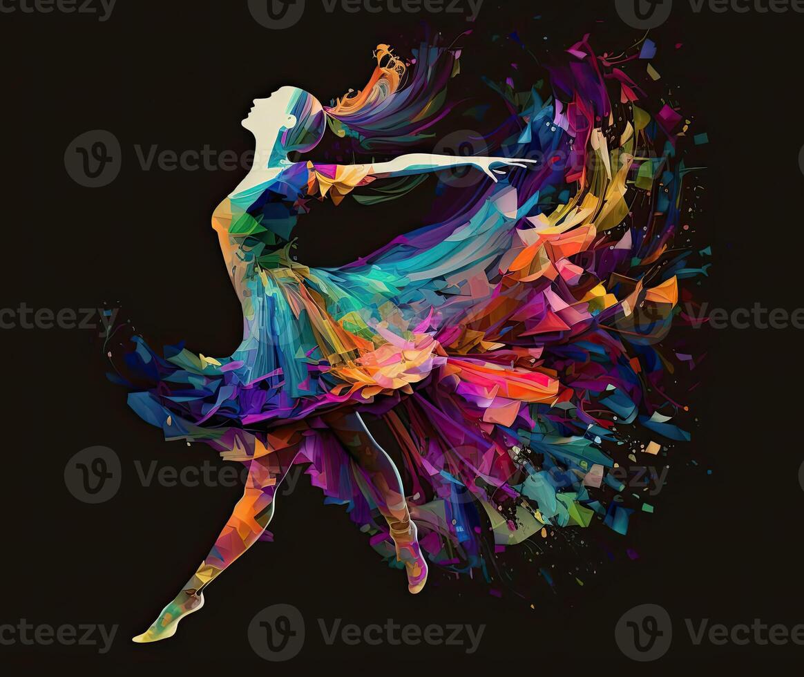 Ballet dancer splash colorful illustration, black background with copy space. photo