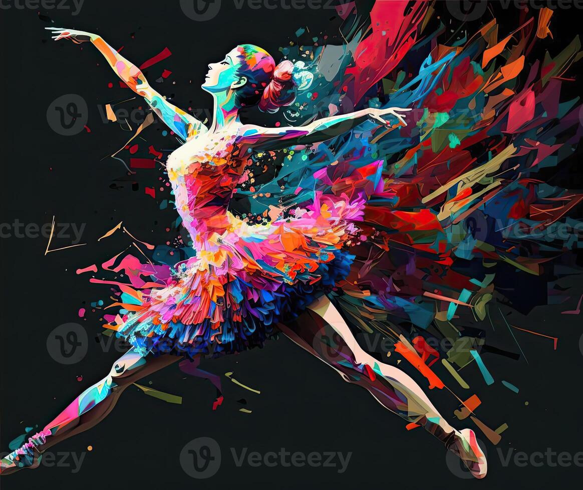 Ballet dancer splash colorful illustration, black background with copy space. photo