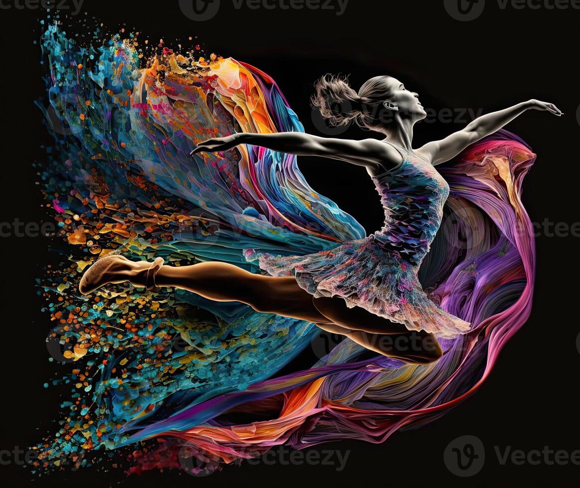 Ballet dancer splash colorful illustration, black background with copy space. photo