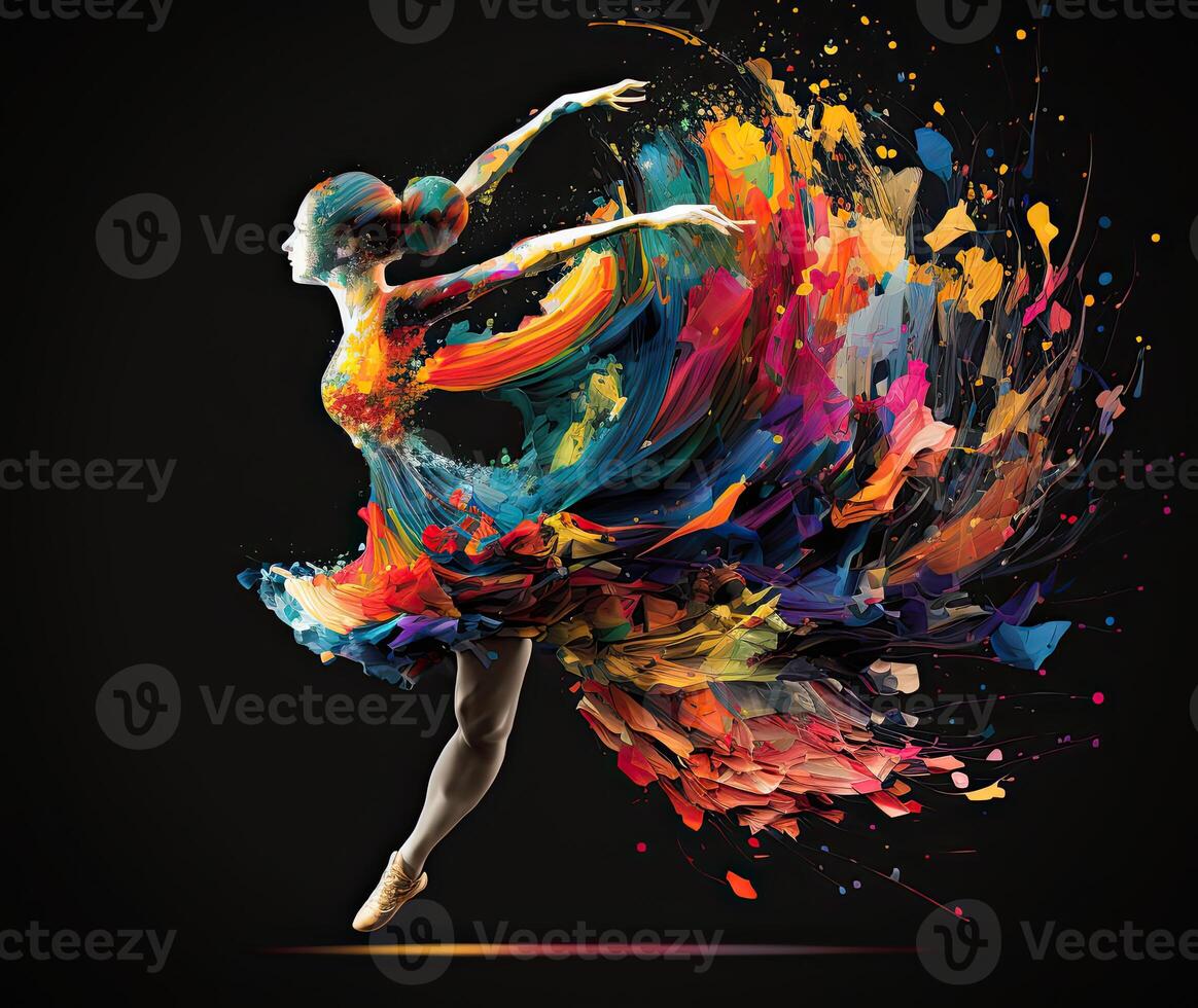 Ballet dancer splash colorful illustration, black background with copy space. photo