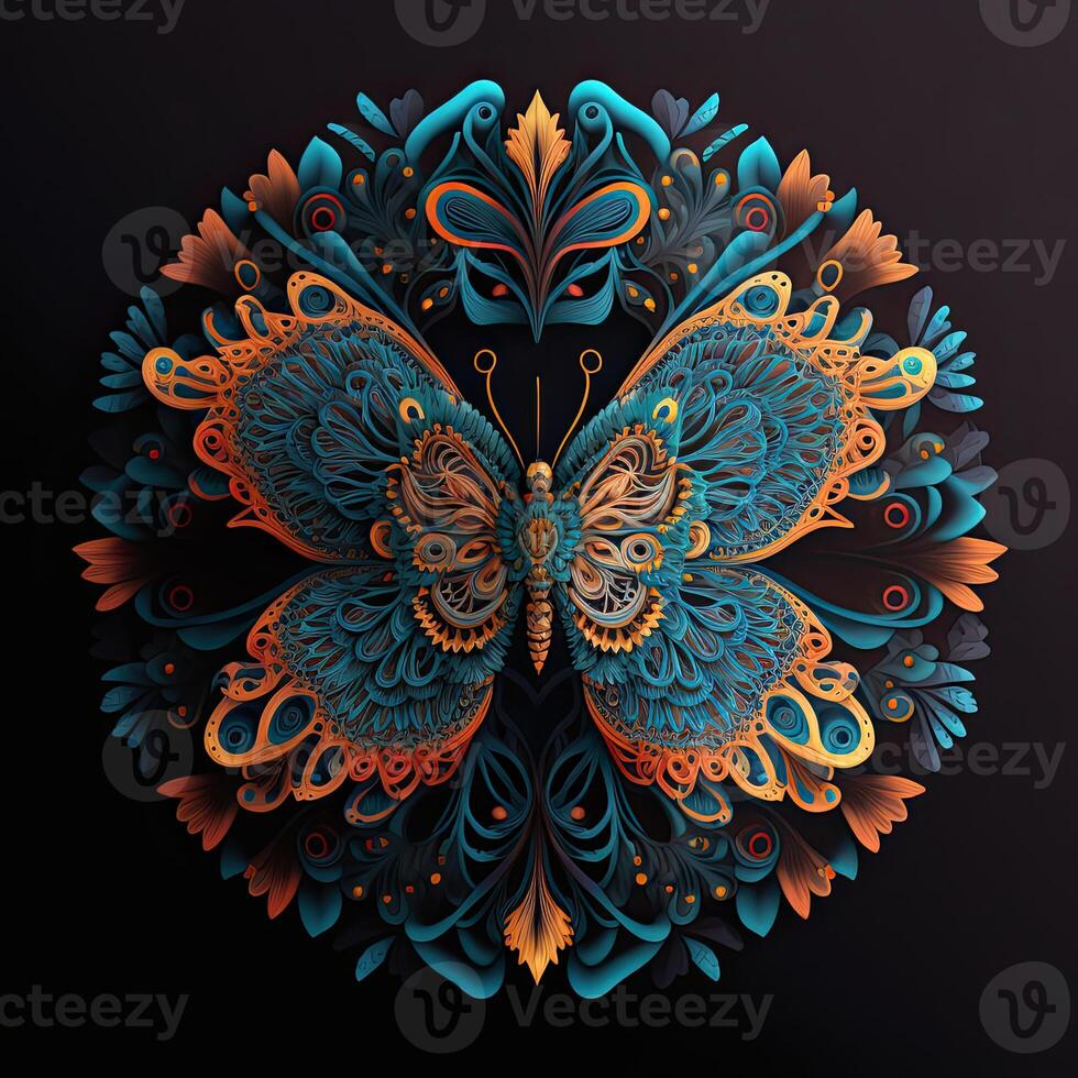 Colorful butterfly mandala art. Created with technology. photo