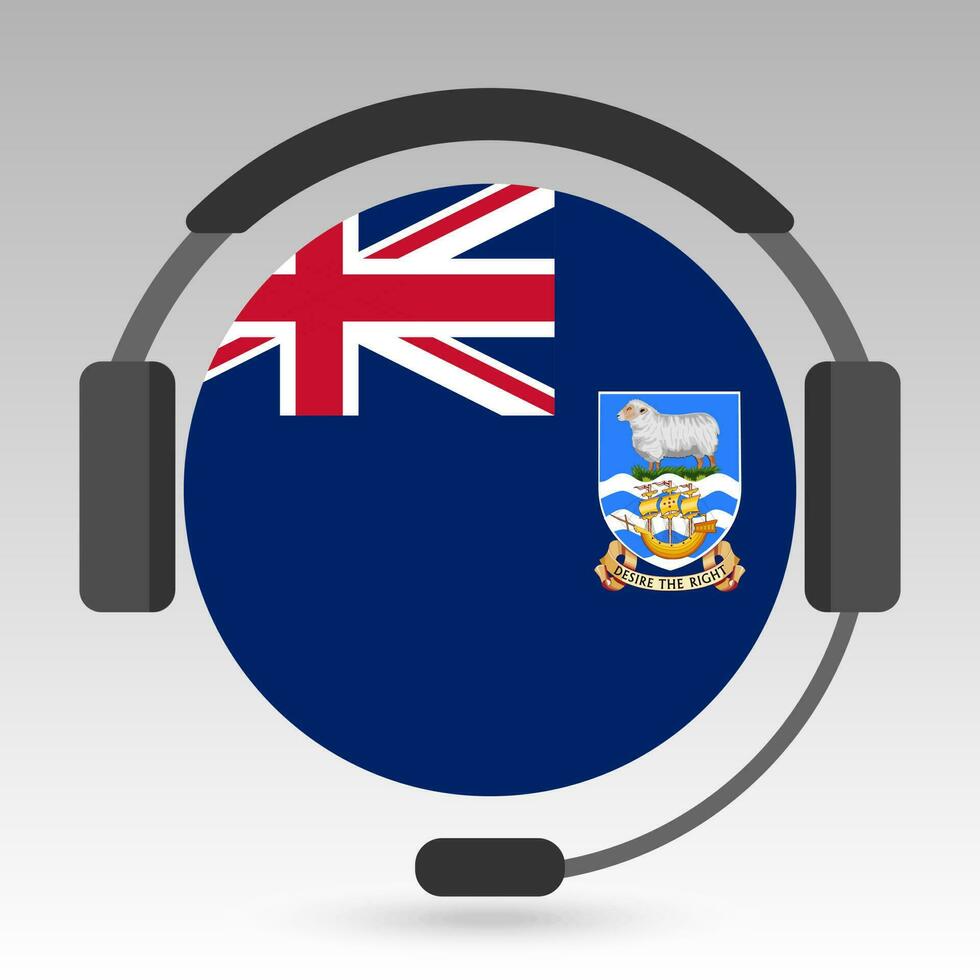 Falkland Islands flag with headphones, support sign. Vector illustration.