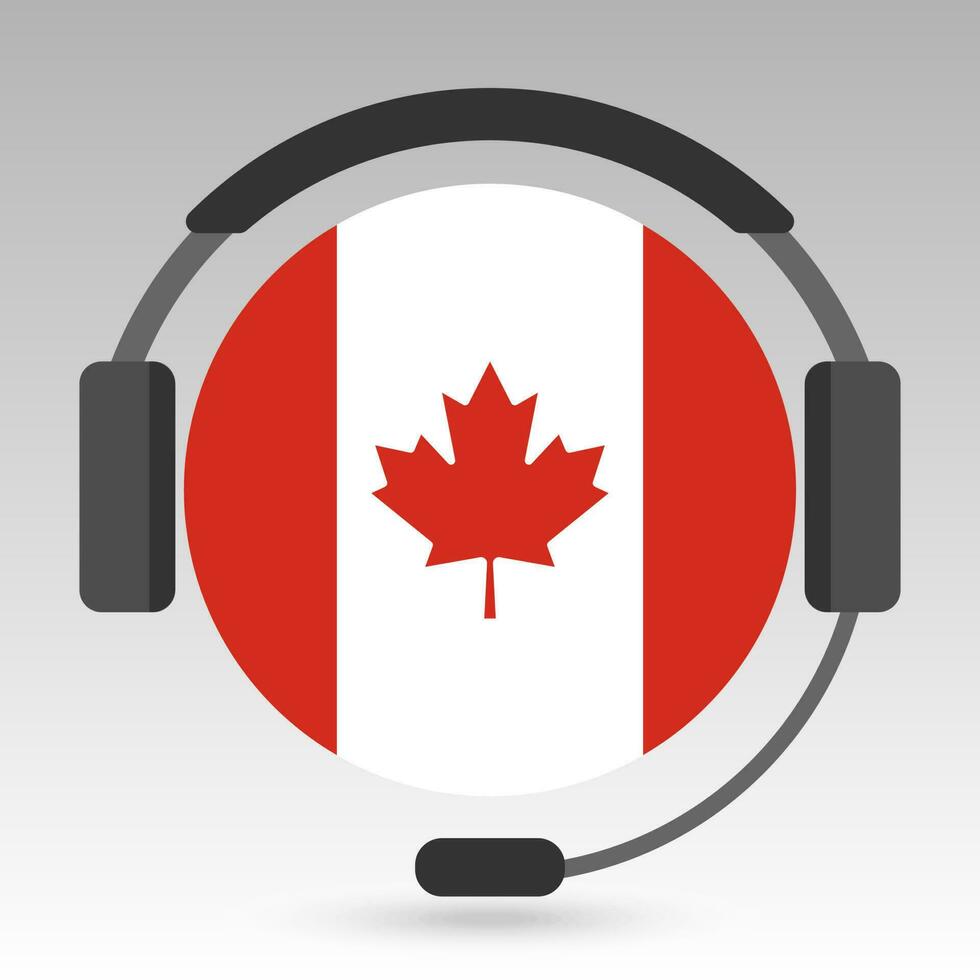 Canada flag with headphones, support sign. Vector illustration.