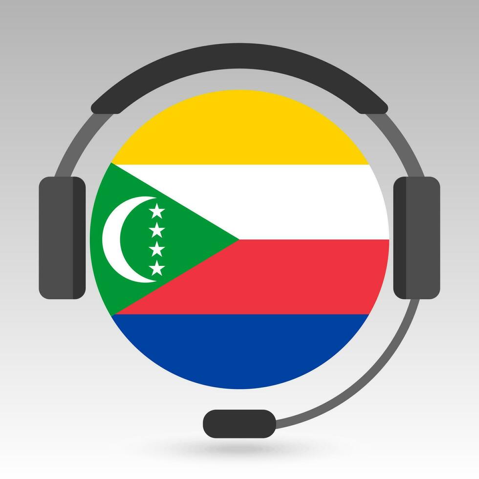 Comoros flag with headphones, support sign. Vector illustration.