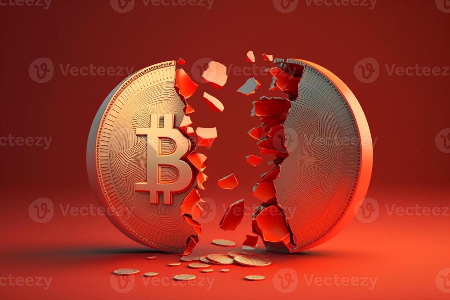 Coin bitcoin is broken in half on red background photo