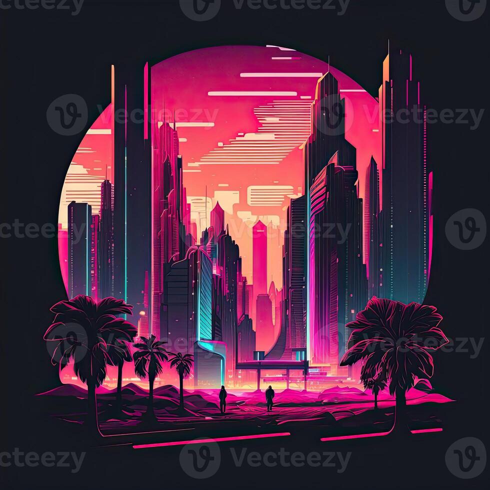 Futuristic of neon glowing in circular shape, cityscape. Cyberpunk in buildings view with digital design. . photo