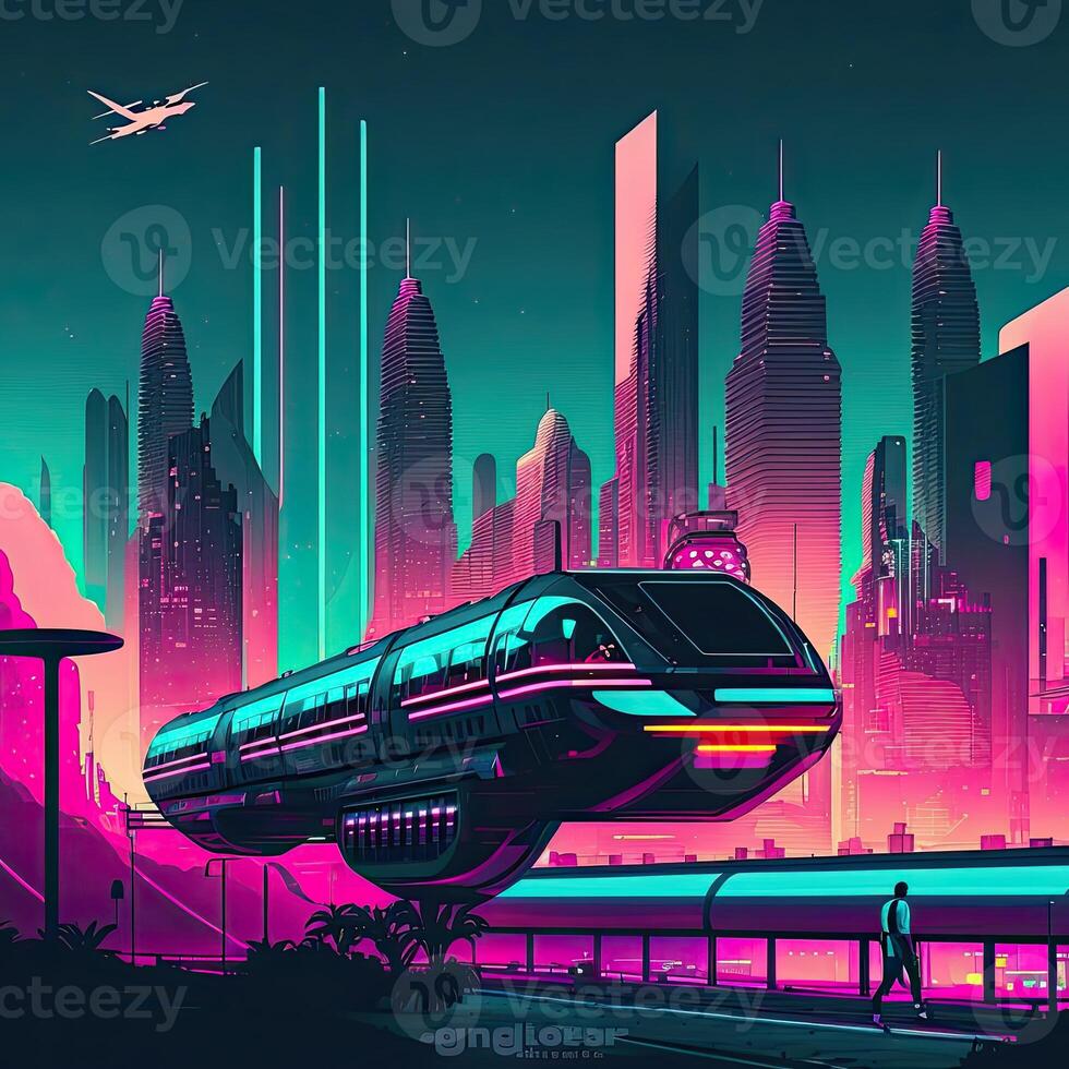 Futuristic of neon glowing in circular shape, cityscape. Cyberpunk in buildings view with digital design. . photo