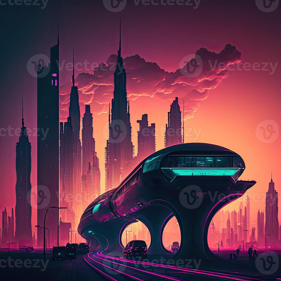 Futuristic of neon glowing in circular shape, cityscape. Cyberpunk in buildings view with digital design. . photo