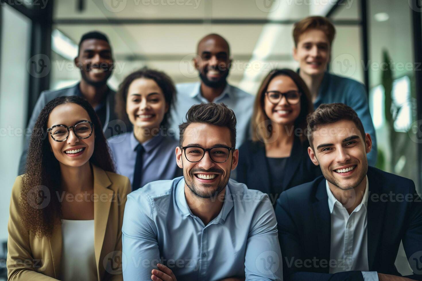 grupo de empresarios y mujer sonriente en el oficina con ai generador foto