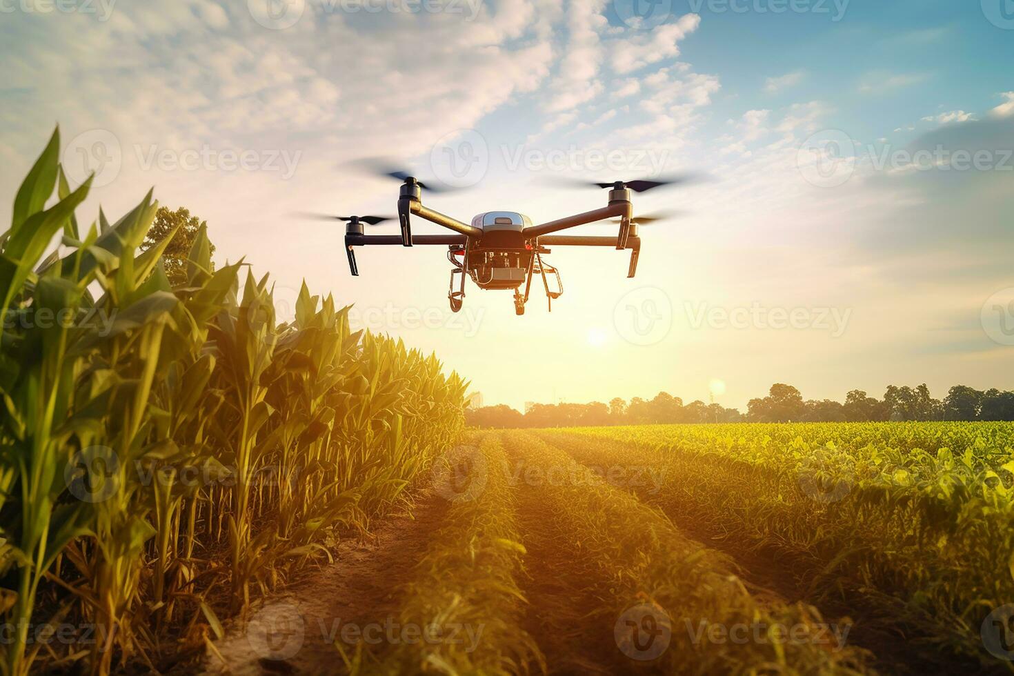 Agricultural drones fly in corn fields with Ai Generator photo