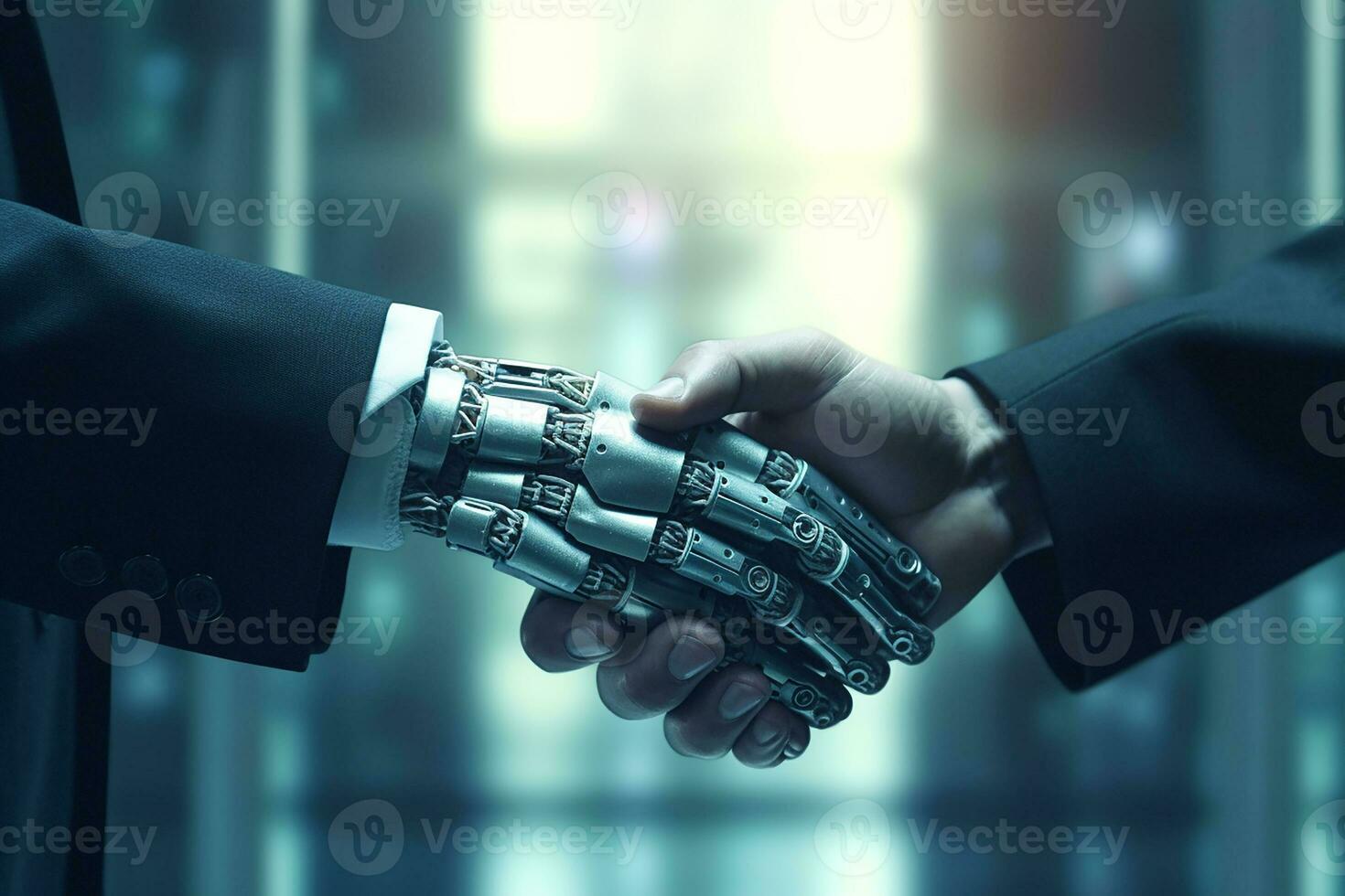 handshake between two businessmen human with a robot with Ai Generator photo