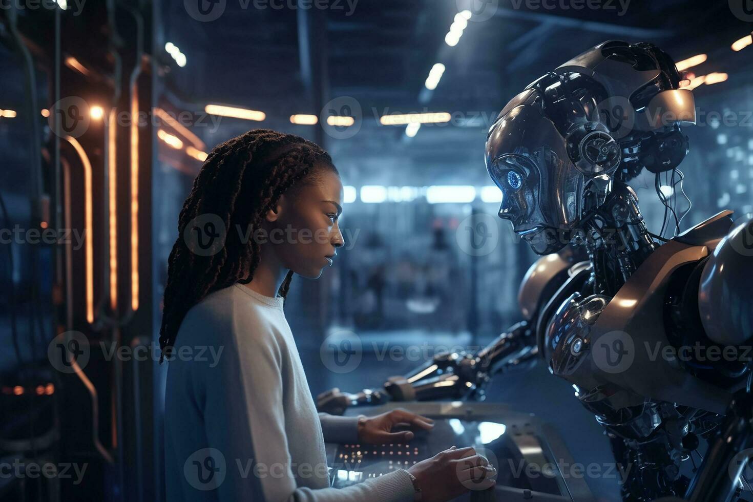 African woman talking with the robot with Ai Generator photo