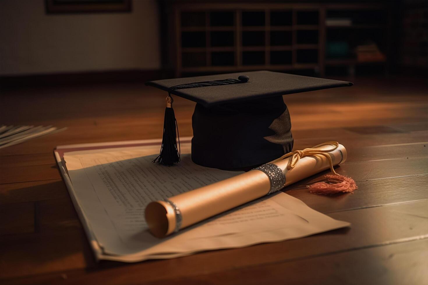 un negro graduación gorra se sienta en parte superior de un libro en un de madera mesa. generativo ai foto