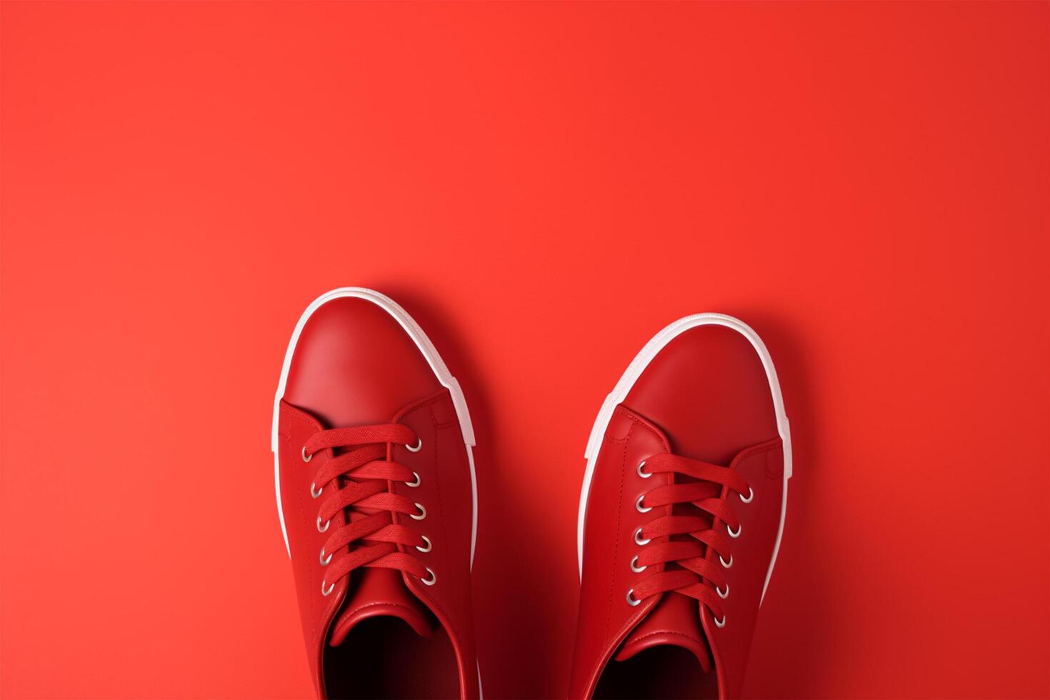 Pair of new stylish red sneakers on red background. International Red Sneakers Day. photo