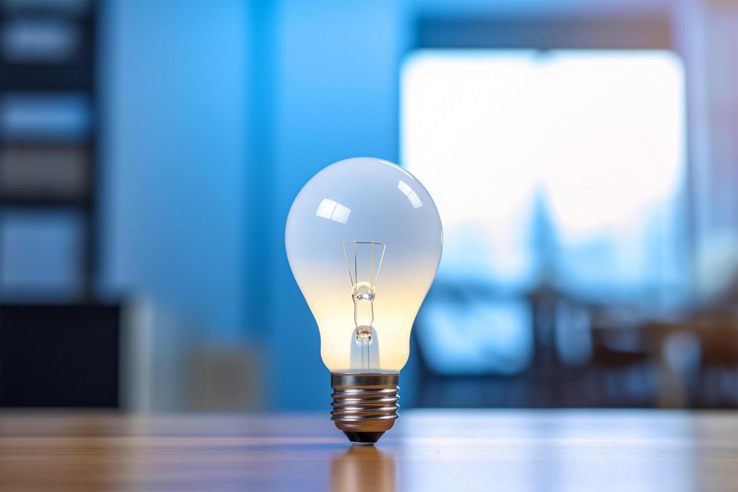 light bulb on wooden table. International Day of Light. photo