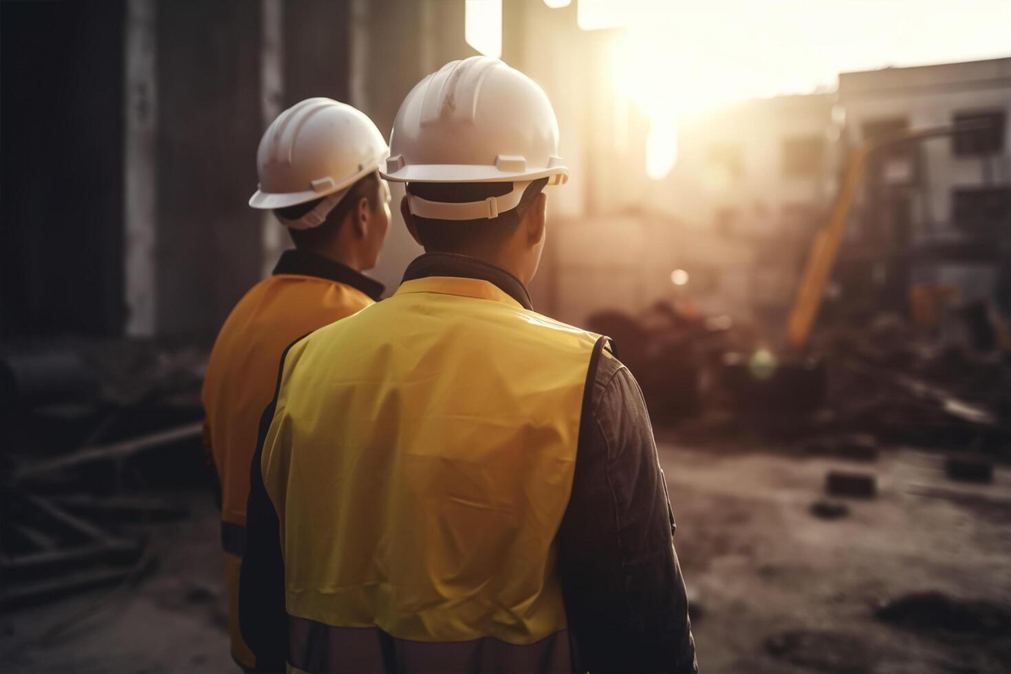 labor día. un construcción trabajador mirando a un plan en un construcción sitio. generativo ai foto